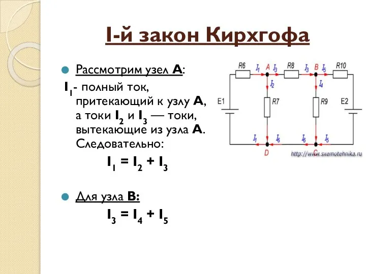 I-й закон Кирхгофа Рассмотрим узел А: I1- полный ток, притекающий к