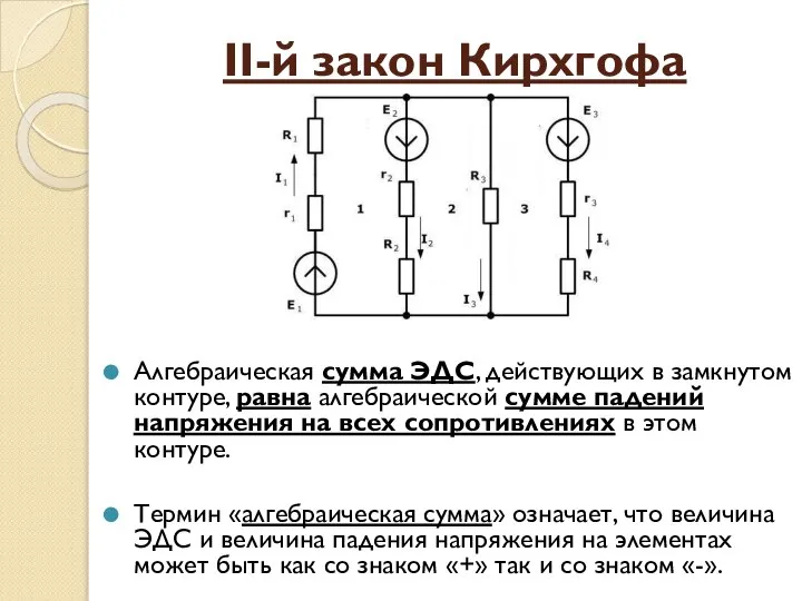 II-й закон Кирхгофа Алгебраическая сумма ЭДС, действующих в замкнутом контуре, равна