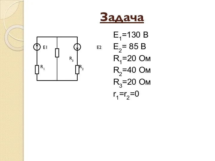 Задача Е1 Е2 R3 R1 R2 Е1=130 В Е2= 85 В