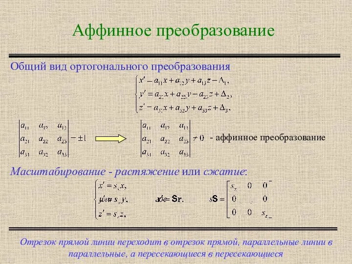 Аффинное преобразование Отрезок прямой линии переходит в отрезок прямой, параллельные линии