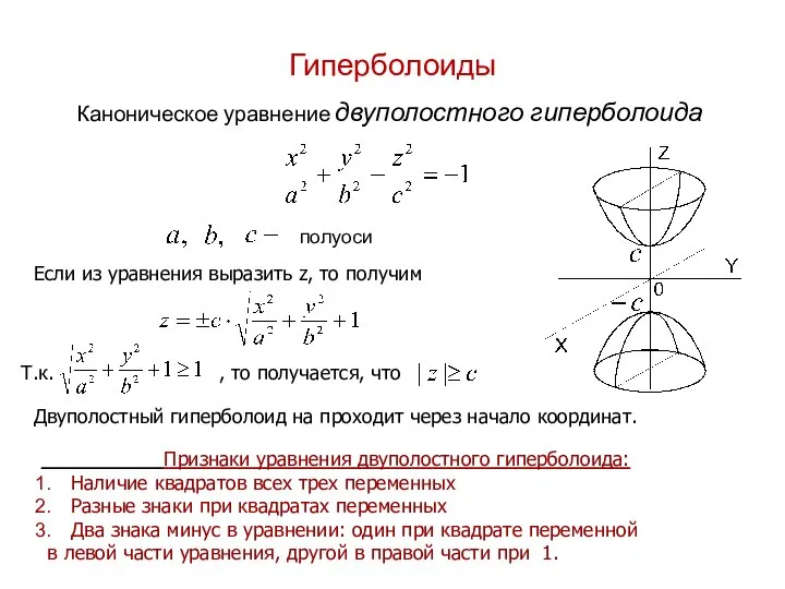 Гиперболоиды Каноническое уравнение двуполостного гиперболоида Признаки уравнения двуполостного гиперболоида: Наличие квадратов