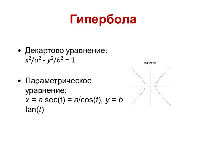 Гипербола Декартово уравнение: x2/a2 - y2/b2 = 1 Параметрическое уравнение: x