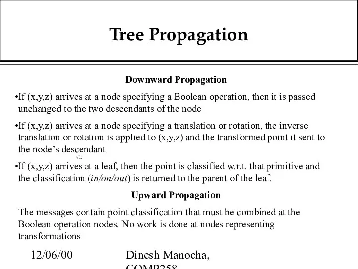 12/06/00 Dinesh Manocha, COMP258 Tree Propagation Downward Propagation If (x,y,z) arrives