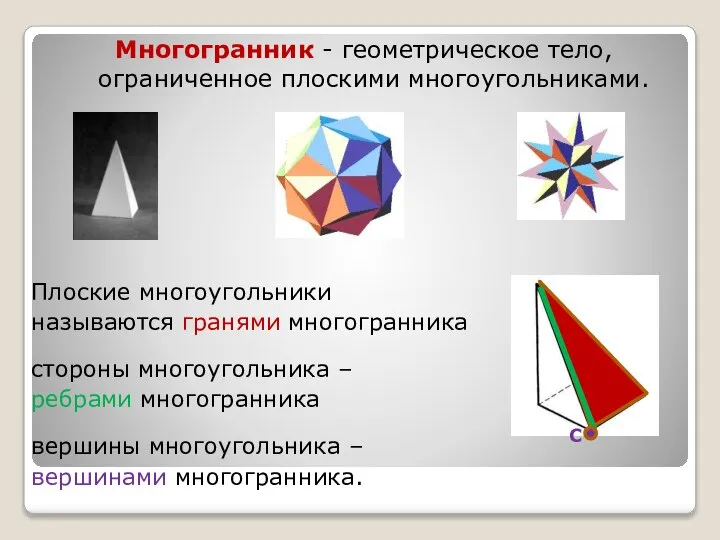 Многогранник - геометрическое тело, ограниченное плоскими многоугольниками. Плоские многоугольники называются гранями