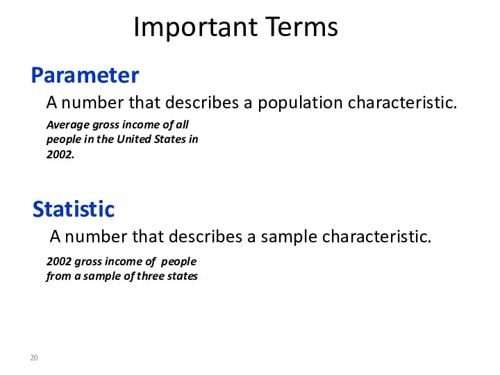 Important Terms Parameter A number that describes a population characteristic. Statistic