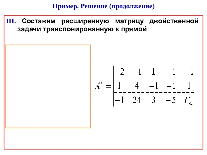 III. Составим расширенную матрицу двойственной задачи транспонированную к прямой Пример. Решение (продолжение)