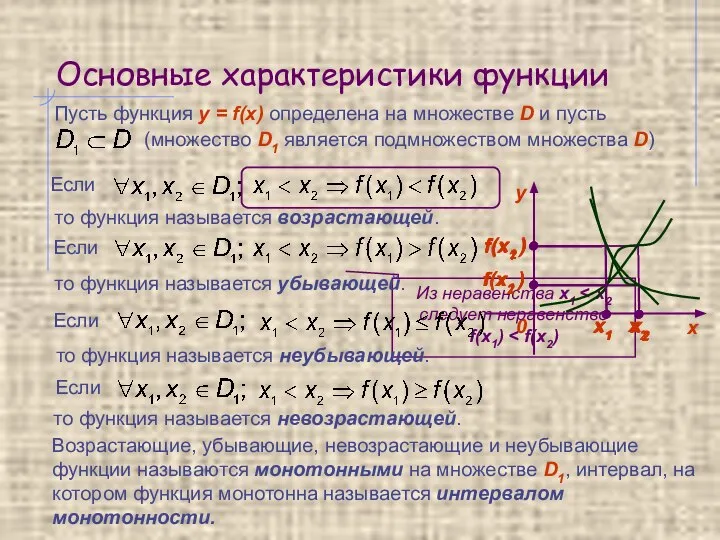 Основные характеристики функции то функция называется возрастающей. Если Если то функция