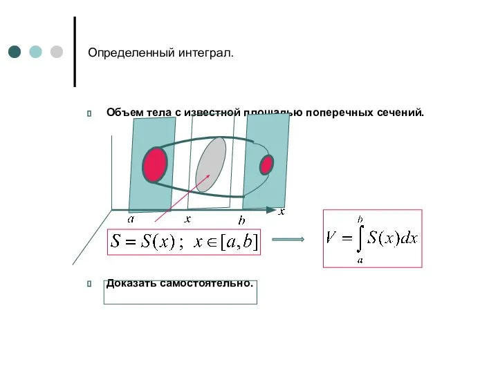 Определенный интеграл. Объем тела с известной площадью поперечных сечений. Доказать самостоятельно.