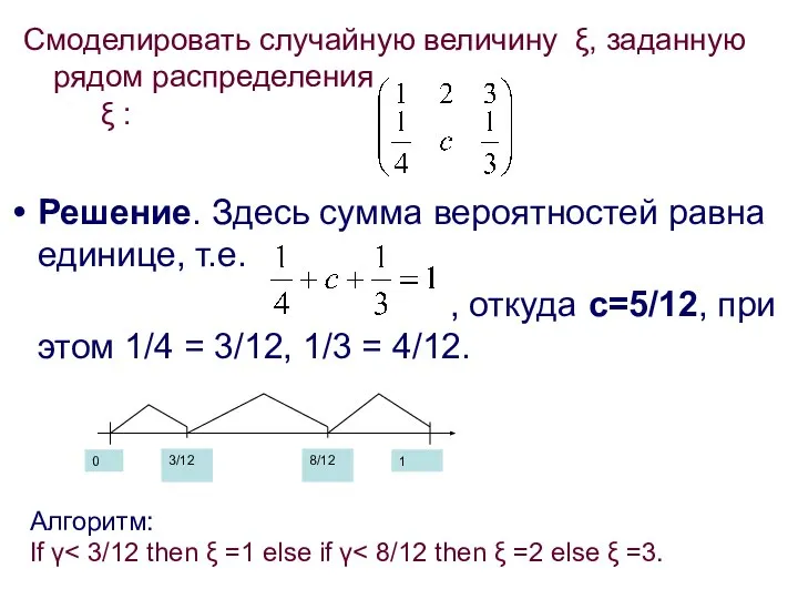 Решение. Здесь сумма вероятностей равна единице, т.е. , откуда с=5/12, при