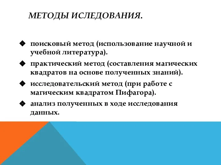 МЕТОДЫ ИСЛЕДОВАНИЯ. поисковый метод (использование научной и учебной литература). практический метод