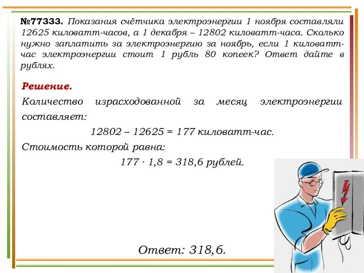 Решение. Количество израсходованной за месяц электроэнергии составляет: 12802 – 12625 =