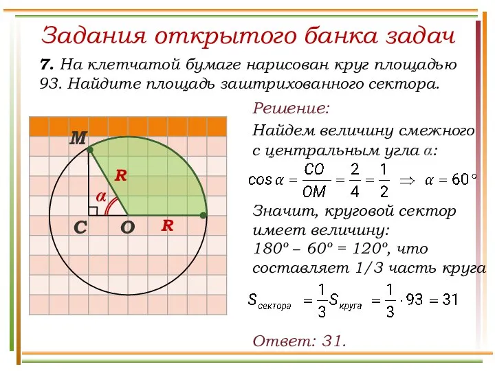 Задания открытого банка задач 7. На клетчатой бумаге нарисован круг площадью