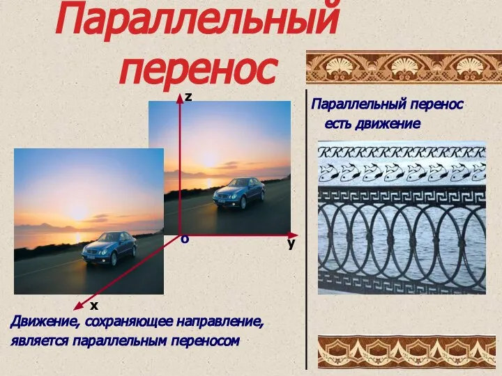 Параллельный перенос х у z о Параллельный перенос есть движение Движение, сохраняющее направление, является параллельным переносом