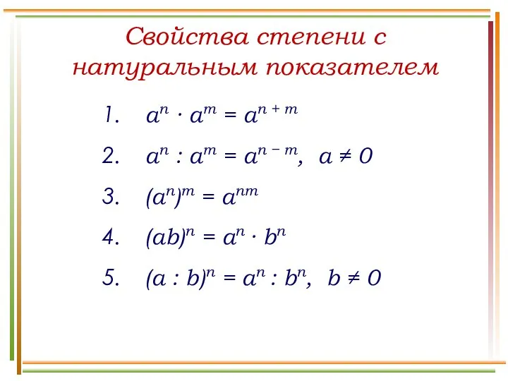 Свойства степени с натуральным показателем an ∙ am = an +