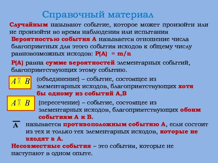 Справочный материал Случайным называют событие, которое может произойти или не произойти