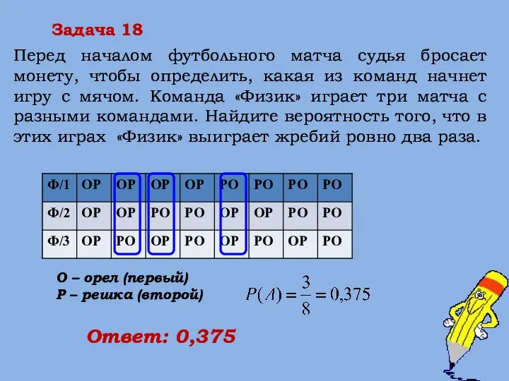 Ответ: 0,375 О – орел (первый) Р – решка (второй) Задача