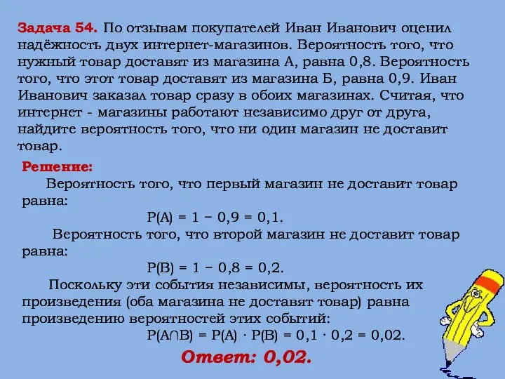 Решение: Вероятность того, что первый магазин не доставит товар равна: Р(А)