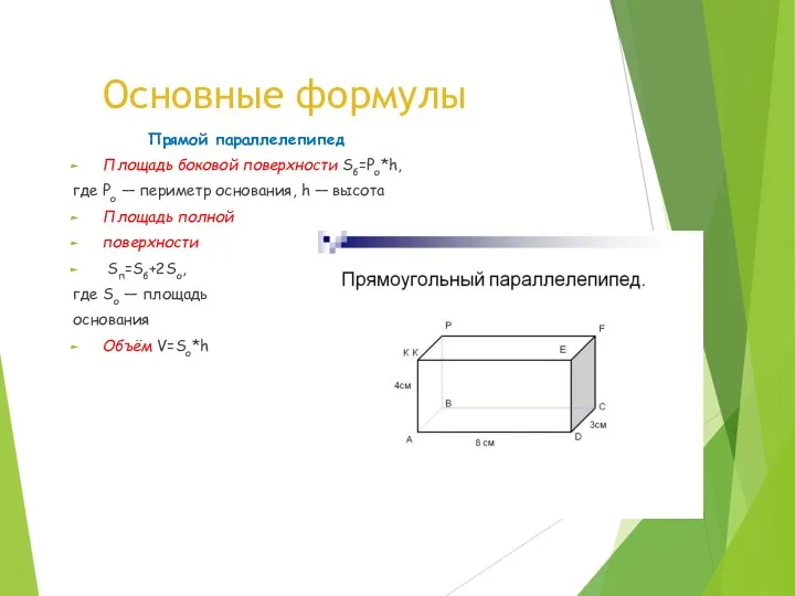 Основные формулы Прямой параллелепипед Площадь боковой поверхности Sб=Ро*h, где Ро —