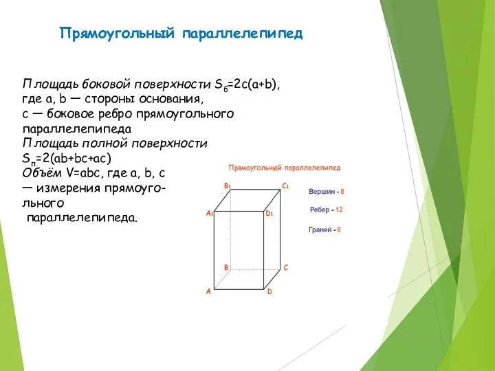 Прямоугольный параллелепипед Площадь боковой поверхности Sб=2c(a+b), где a, b — стороны