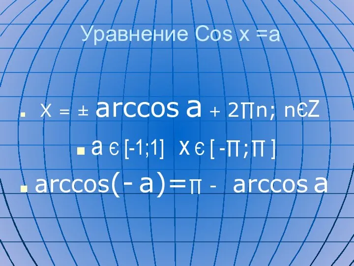 Уравнение Cos x =a X = ± arccos a + 2∏n;