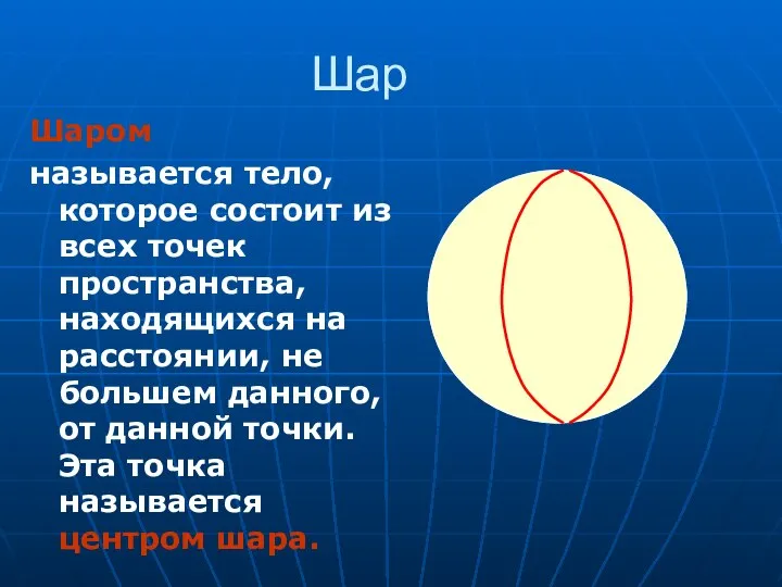 Шар Шаром называется тело, которое состоит из всех точек пространства, находящихся