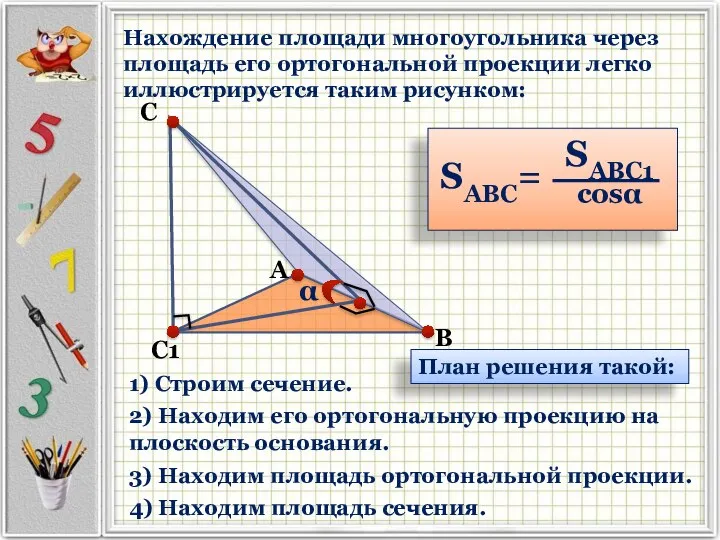 Нахождение площади многоугольника через площадь его ортогональной проекции легко иллюстрируется таким