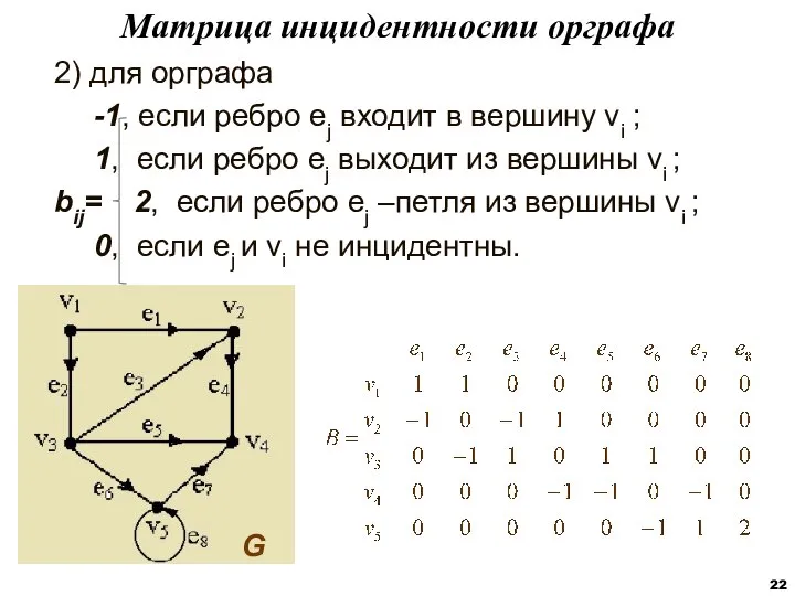 2) для орграфа -1, если ребро ej входит в вершину vi