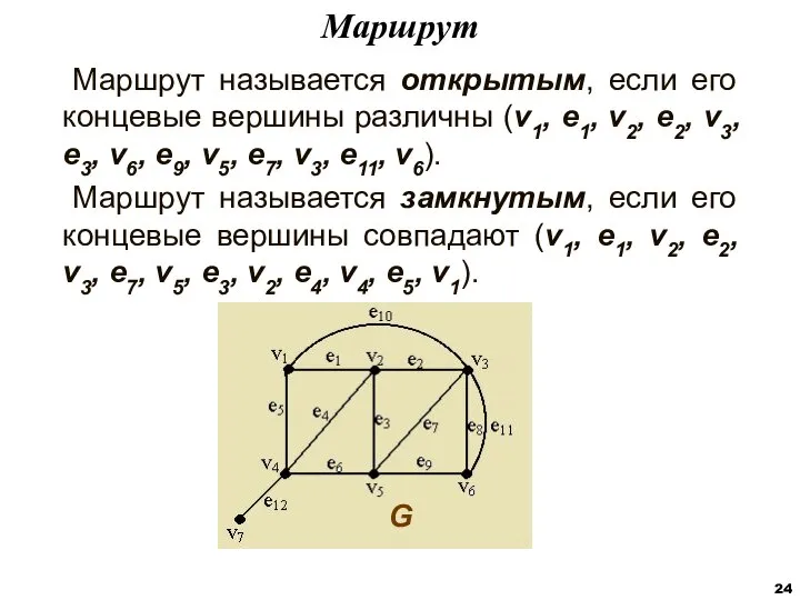 Маршрут называется открытым, если его концевые вершины различны (v1, e1, v2,