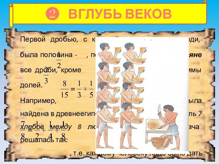 ❷ ВГЛУБЬ ВЕКОВ Первой дробью, с которой познакомились люди, была половина