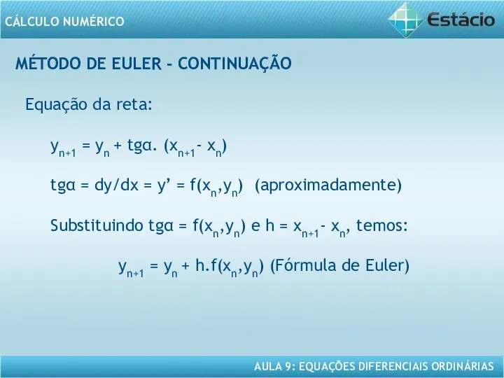 MÉTODO DE EULER - CONTINUAÇÃO Equação da reta: yn+1 = yn