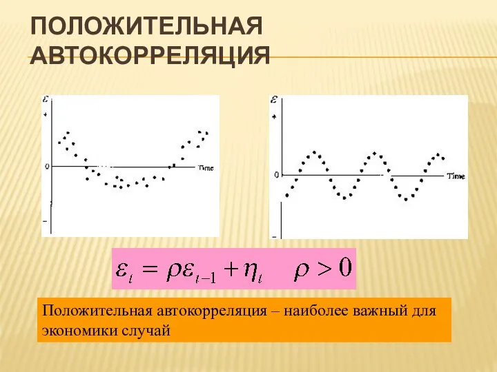 ПОЛОЖИТЕЛЬНАЯ АВТОКОРРЕЛЯЦИЯ Положительная автокорреляция – наиболее важный для экономики случай