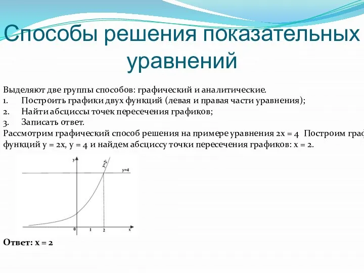 Способы решения показательных уравнений Выделяют две группы способов: графический и аналитические.