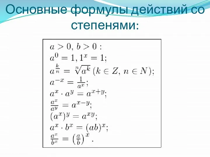 Основные формулы действий со степенями: