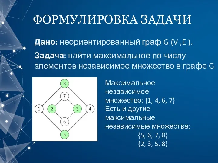 ФОРМУЛИРОВКА ЗАДАЧИ Дано: неориентированный граф G (V ,E ). Задача: найти