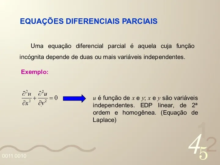 EQUAÇÕES DIFERENCIAIS PARCIAIS Uma equação diferencial parcial é aquela cuja função