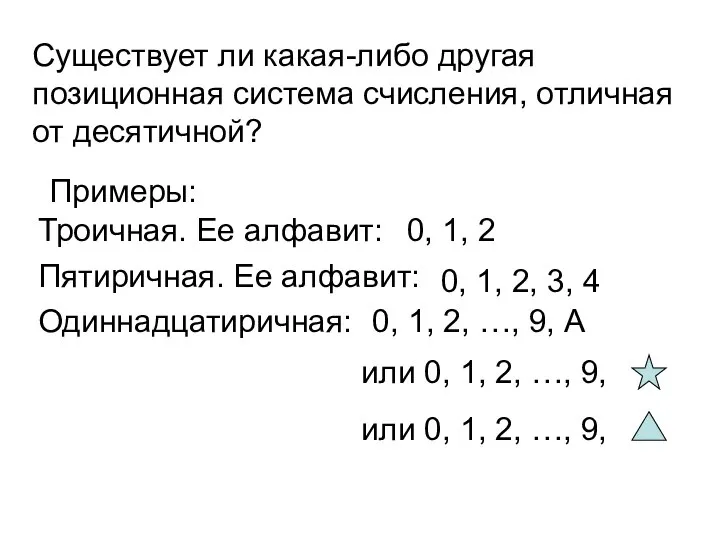 Существует ли какая-либо другая позиционная система счисления, отличная от десятичной? Троичная.