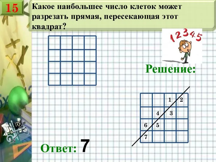 Какое наибольшее число клеток может разрезать прямая, пересекающая этот квадрат? Решение: