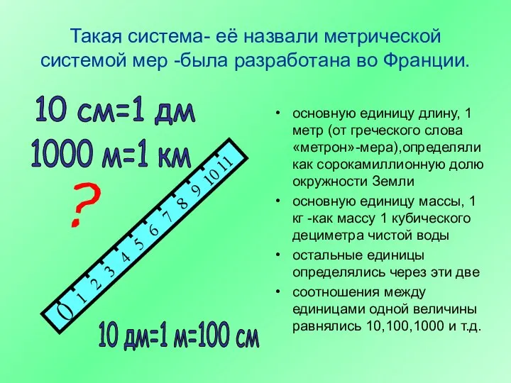 Такая система- её назвали метрической системой мер -была разработана во Франции.