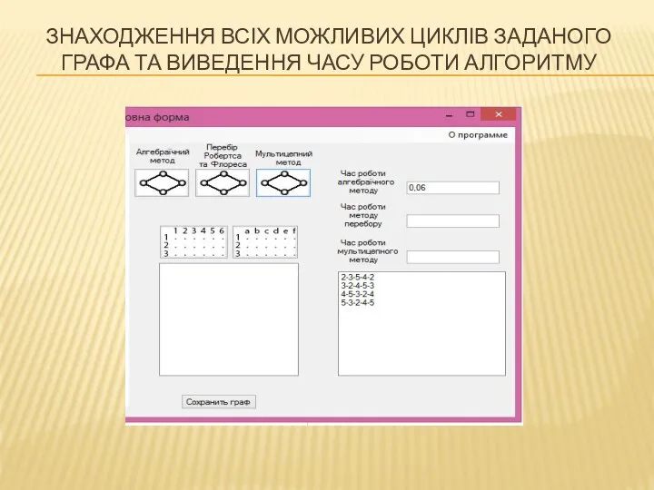 ЗНАХОДЖЕННЯ ВСІХ МОЖЛИВИХ ЦИКЛІВ ЗАДАНОГО ГРАФА ТА ВИВЕДЕННЯ ЧАСУ РОБОТИ АЛГОРИТМУ