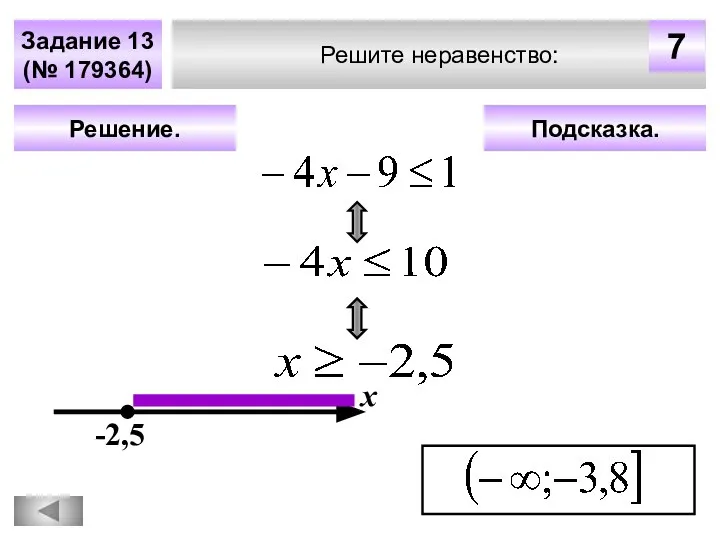 Решите неравенство: Задание 13 (№ 179364) Подсказка. Решение. х -2,5 7