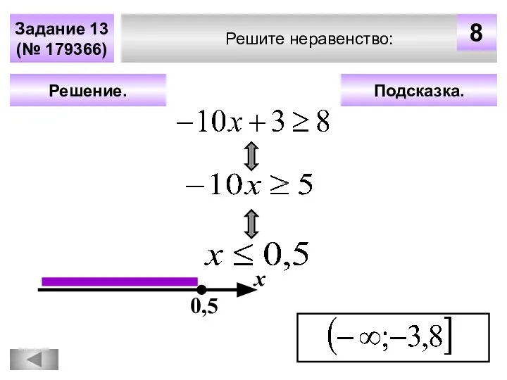 Решите неравенство: Задание 13 (№ 179366) Подсказка. Решение. х 0,5 8