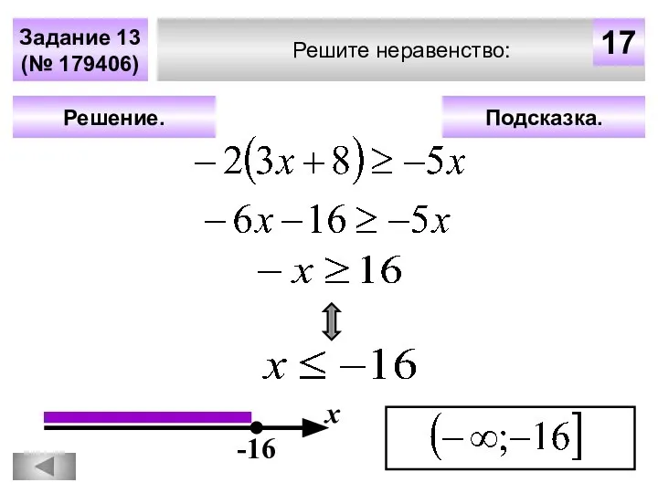 Решите неравенство: Задание 13 (№ 179406) Подсказка. Решение. х 17 -16