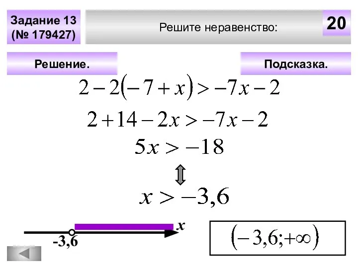 Решите неравенство: Задание 13 (№ 179427) Подсказка. Решение. х 20 -3,6