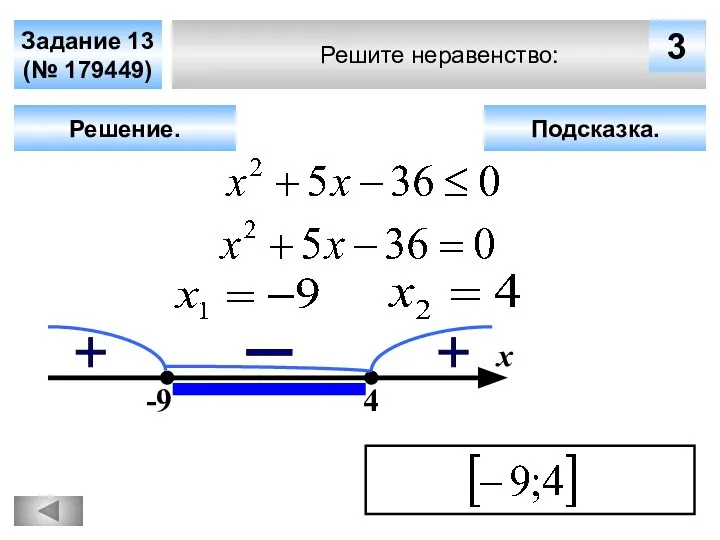 Решите неравенство: Задание 13 (№ 179449) Решение. х 3 -9 4 Подсказка.