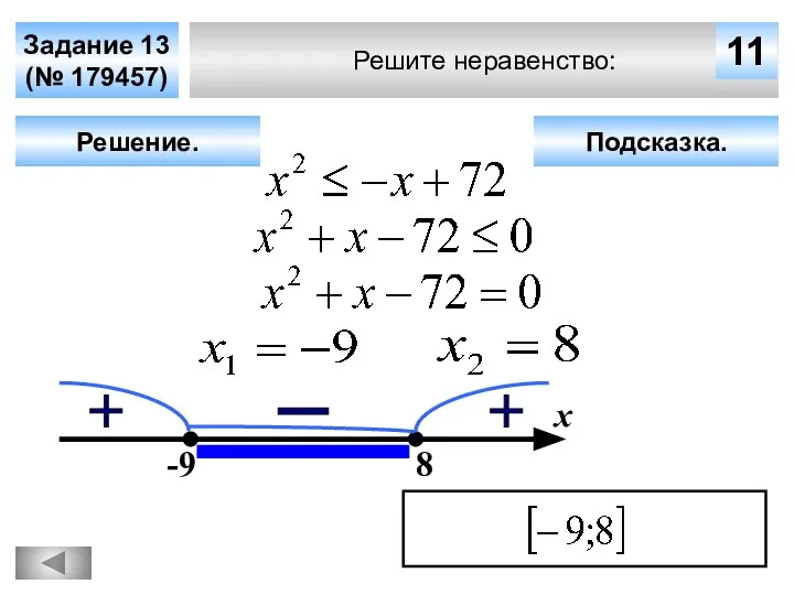 Решите неравенство: Задание 13 (№ 179457) Решение. х 11 -9 8 Подсказка.