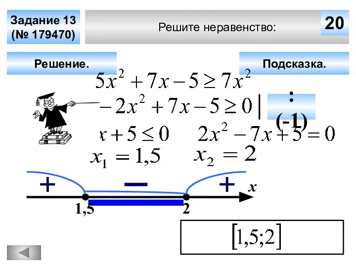 Решите неравенство: Задание 13 (№ 179470) Подсказка. Решение. х 20 1,5 2 : (-1)