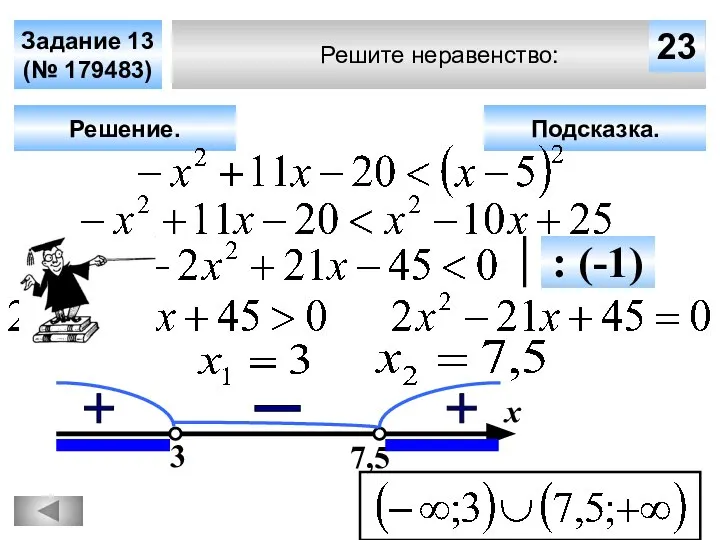 Решите неравенство: Задание 13 (№ 179483) Подсказка. Решение. х 23 3 7,5 : (-1)