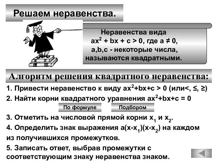 Решаем неравенства. Алгоритм решения квадратного неравенства: Неравенства вида ах2 + bх