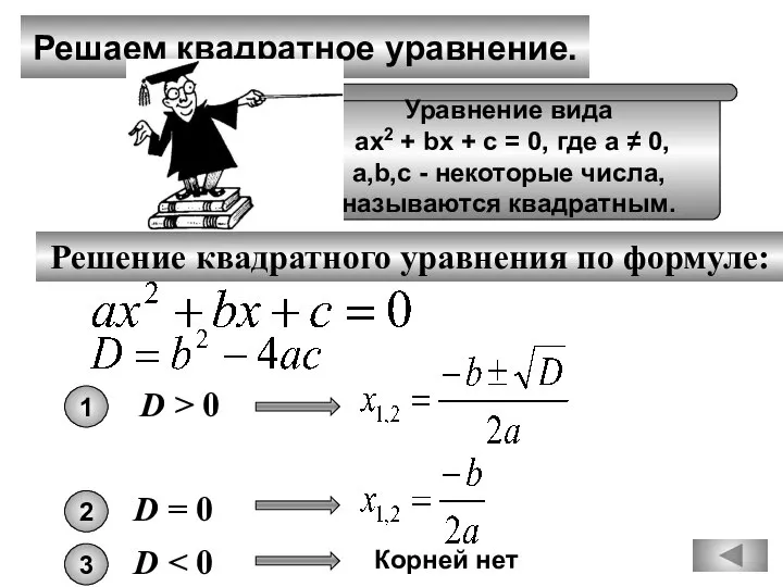 Решаем квадратное уравнение. Решение квадратного уравнения по формуле: Уравнение вида ах2