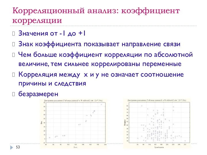 Корреляционный анализ: коэффициент корреляции Значения от -1 до +1 Знак коэффициента